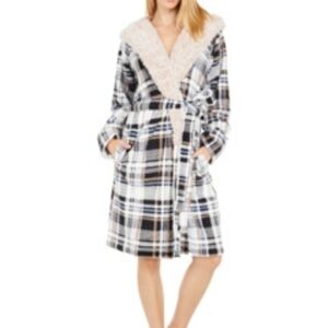 Vera Bradley Cozy Fleece Sherpa Lined Plush Hooded Plaid Robe, Belted, Sz L/XL